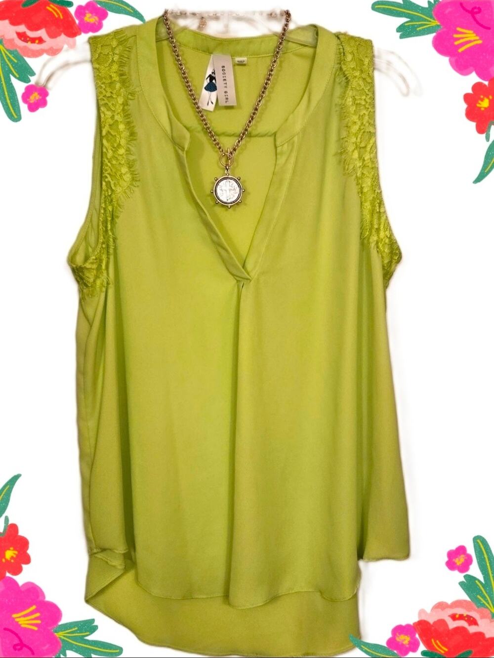 SOCIETY GIRL Lime Sleeveless Top V Neck Hi Low Hem Pleated Lace Front Women's XL